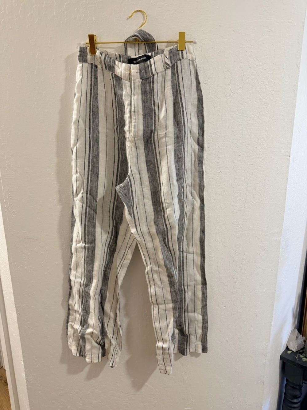Reformation Striped Ankle-Length Linen Pants in White & Gray